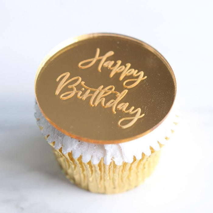 Cupcake Topper - Happy Birthday Silver Mirror