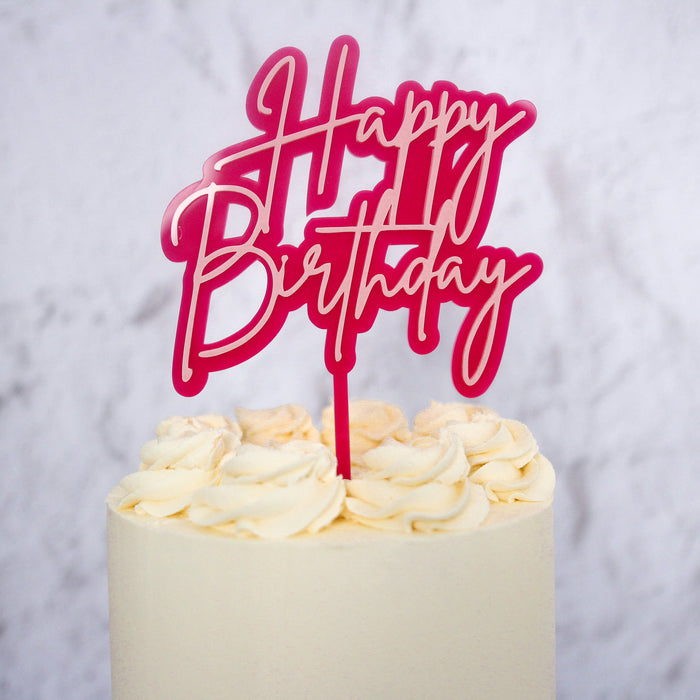 Happy Birthday Cake Topper - Trendy Hot Pink (Double Layer)